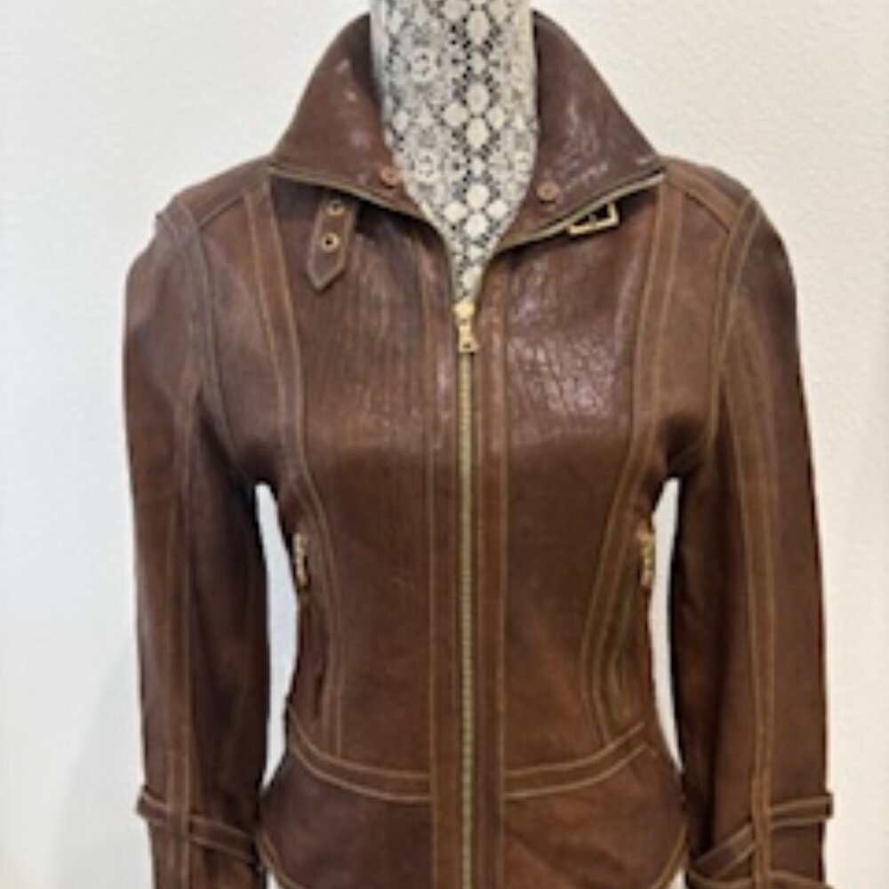 Andrew Marc New York Brown Leather Moto Jacket Small